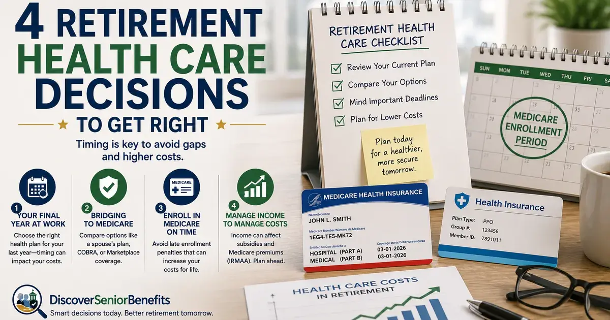 Editorial illustration accompanying article: 4 Retirement Health Care Decisions to Get Right