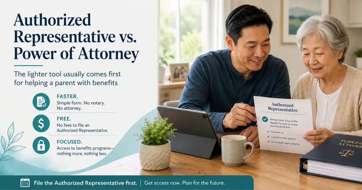 Editorial illustration accompanying article: Authorized Representative vs. Power of Attorney: What Caregivers Need to Know