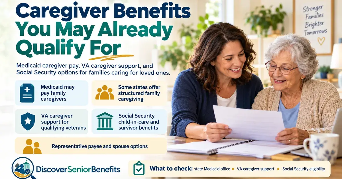 A folder with a benefits letter and caregiver schedule beside reading glasses and a coffee mug on a wooden table.