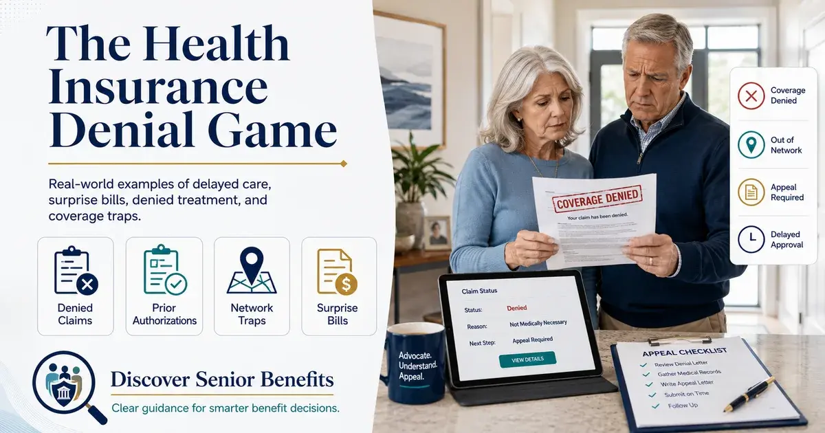 Editorial illustration accompanying article: How Health Insurers Deny Claims — What Seniors Should Know