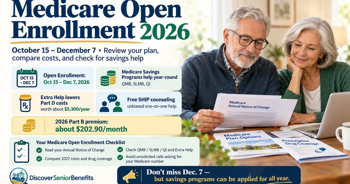 A Medicare card and an open enrollment notice booklet on a wood table, lit by soft natural window light.
