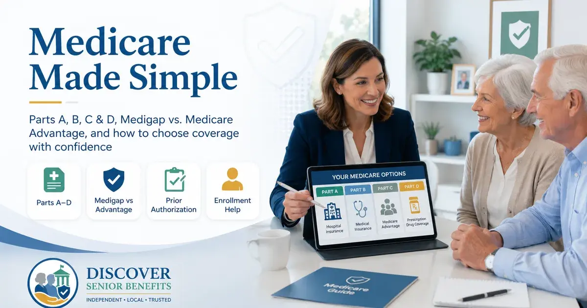 Editorial illustration accompanying article: Medicare Parts A, B, C & D Explained: What Every Senior Should Know