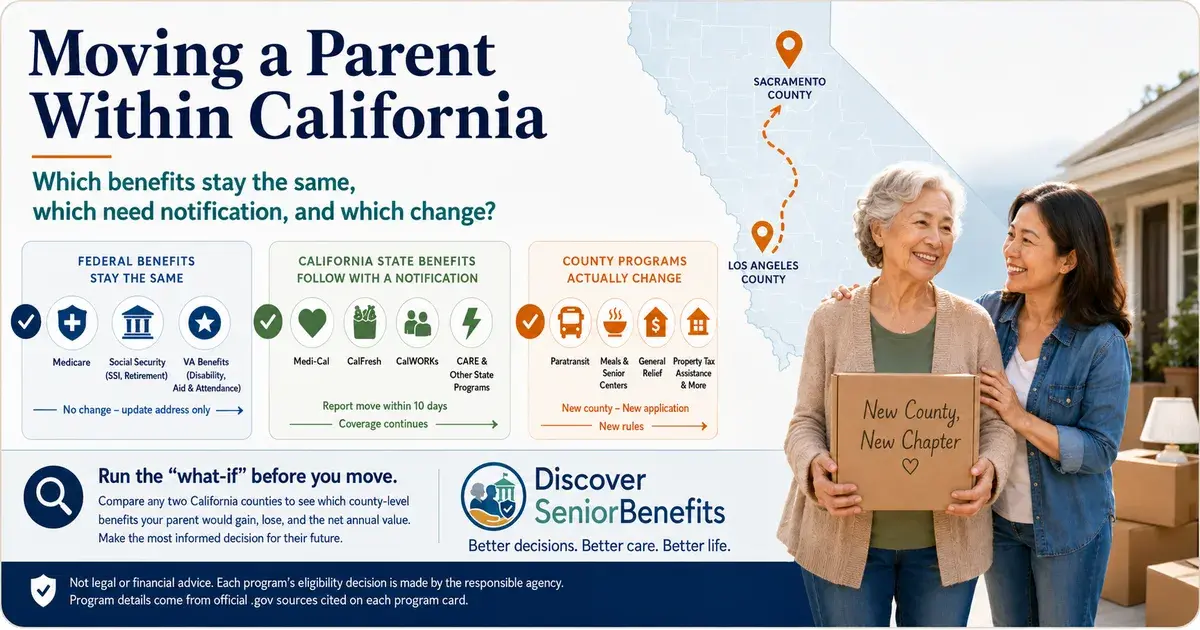 Editorial illustration accompanying article: Moving a Parent to a New California County: What Happens to Their Benefits