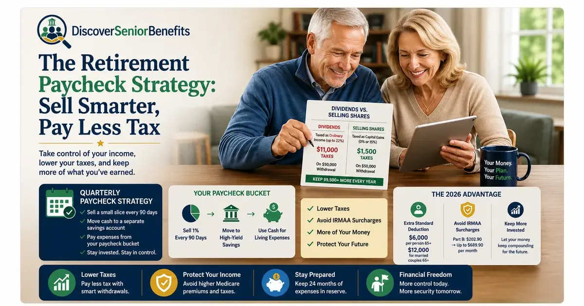 Editorial illustration accompanying article: The Retirement Paycheck Strategy: Sell Smarter, Pay Less Tax