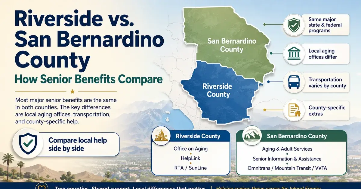 Editorial illustration accompanying article: Riverside vs. San Bernardino County: How Senior Benefits Compare
