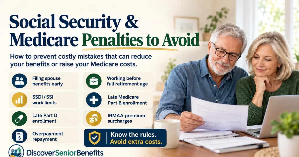 A Medicare card and Social Security statement letter on a wooden desk beside a pen and reading glasses in soft morning light.