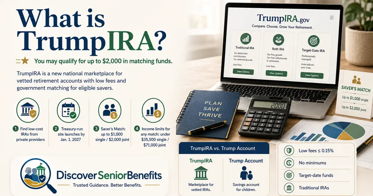 Editorial illustration accompanying article: TrumpIRA and the Federal Saver's Match: What Retirees Should Know