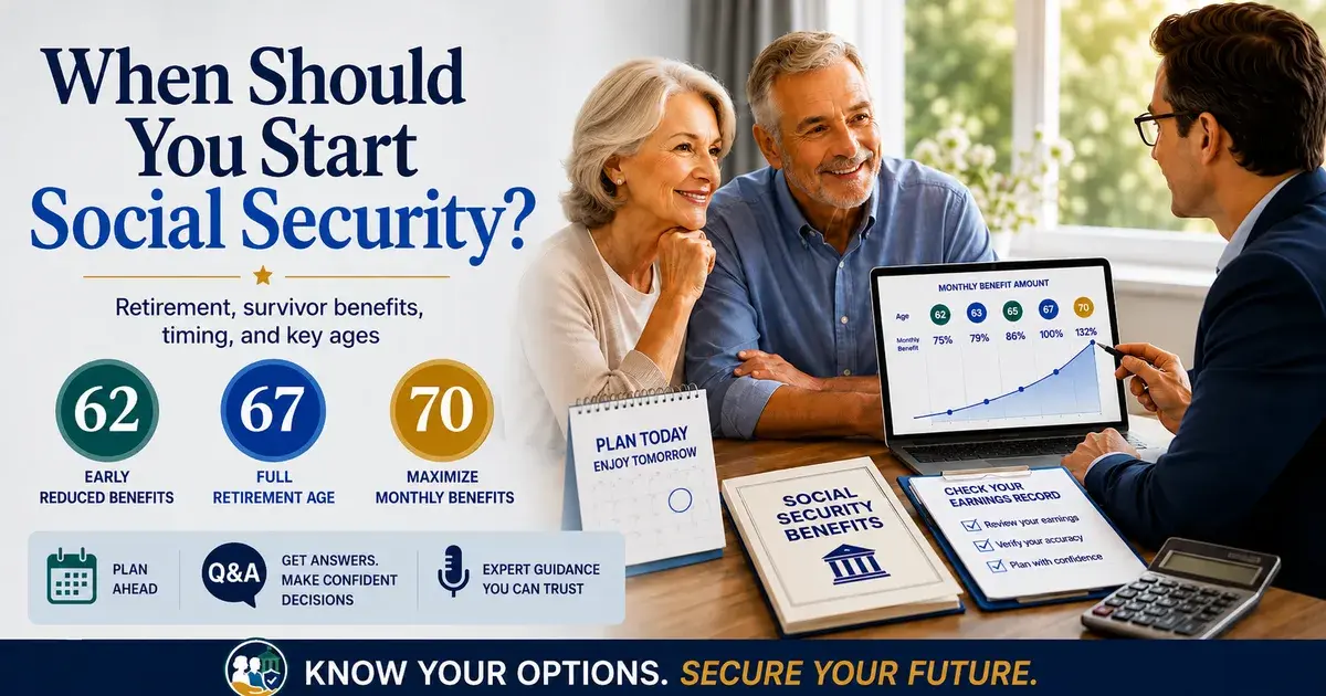 Editorial illustration accompanying article: When to Start Social Security: A Complete Guide