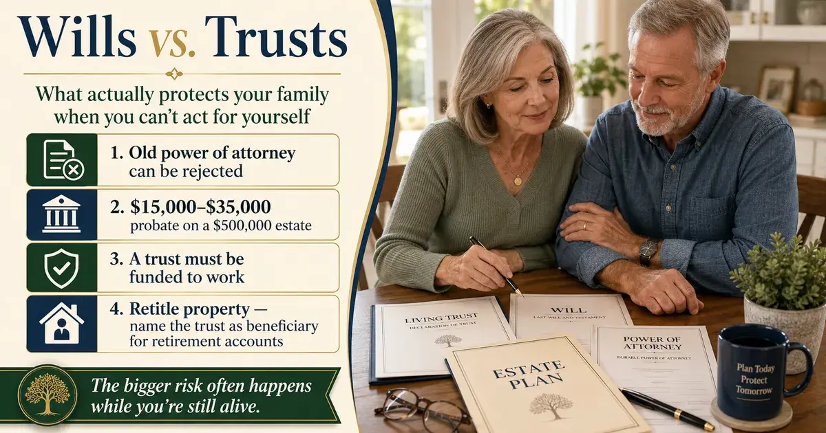 Editorial illustration accompanying article: Wills, Trusts & Power of Attorney: What Actually Controls Your Assets