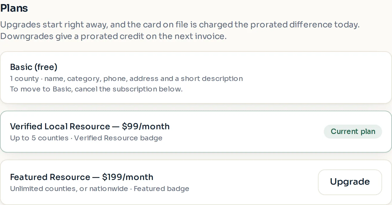 The plan list on the Billing page