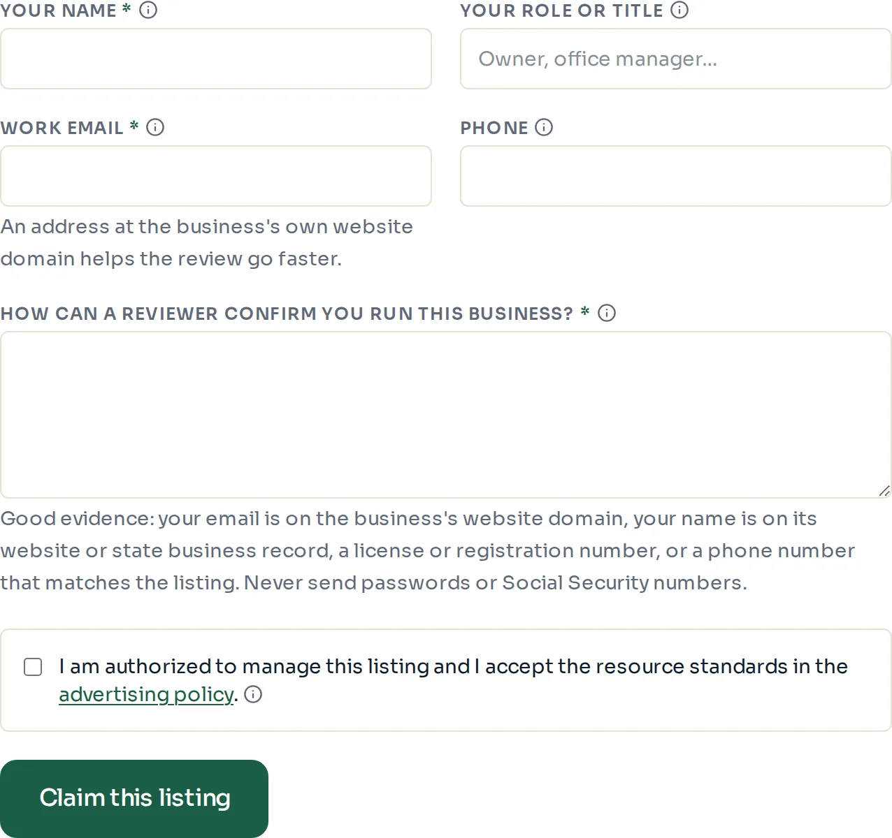 The claim form for an existing listing