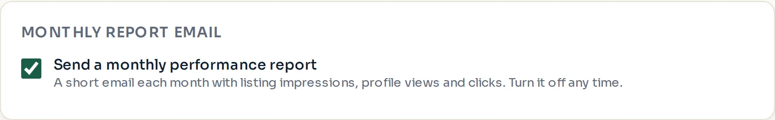 The "Monthly report email" card with its checkbox