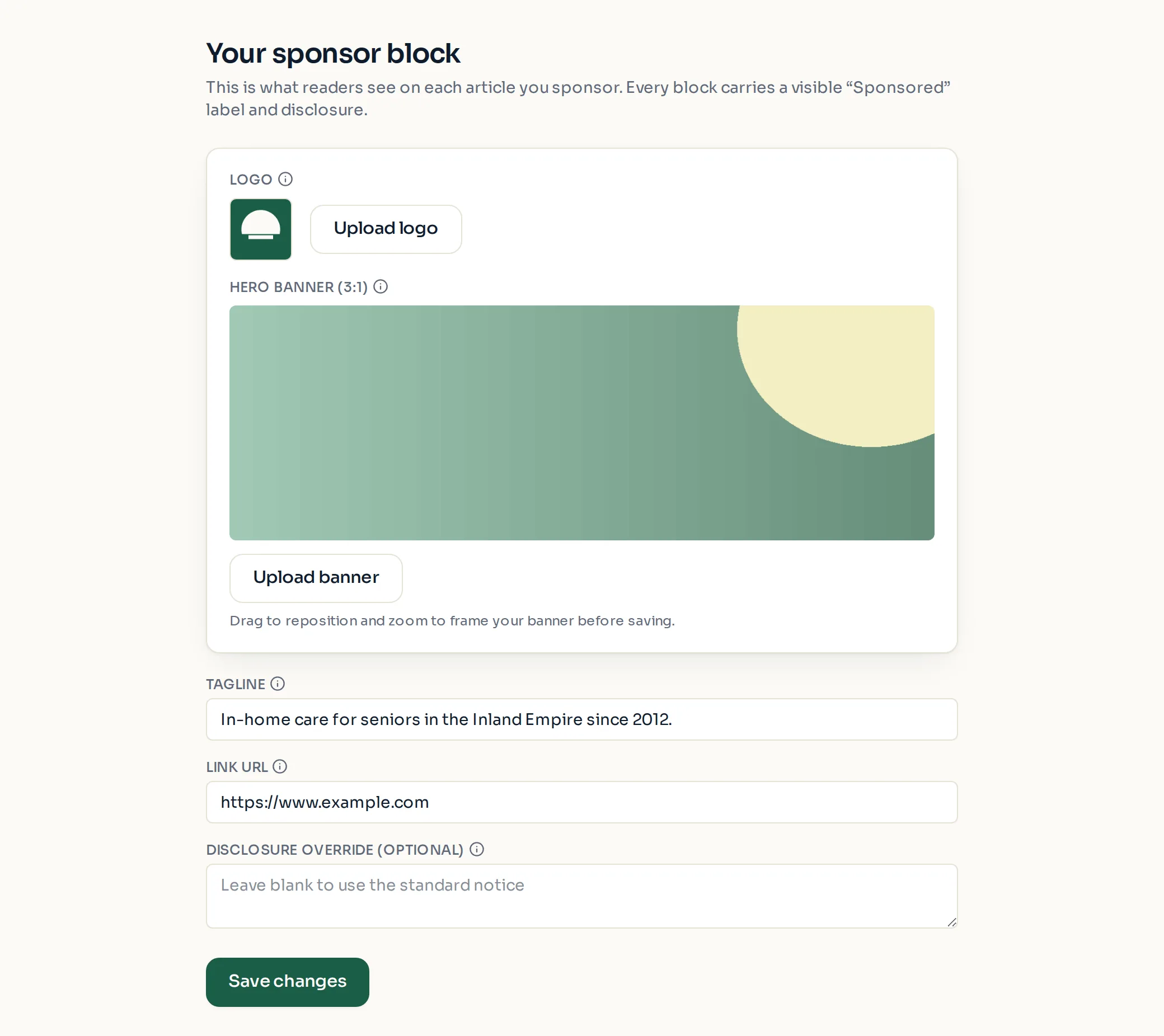 The "Creative" page fields