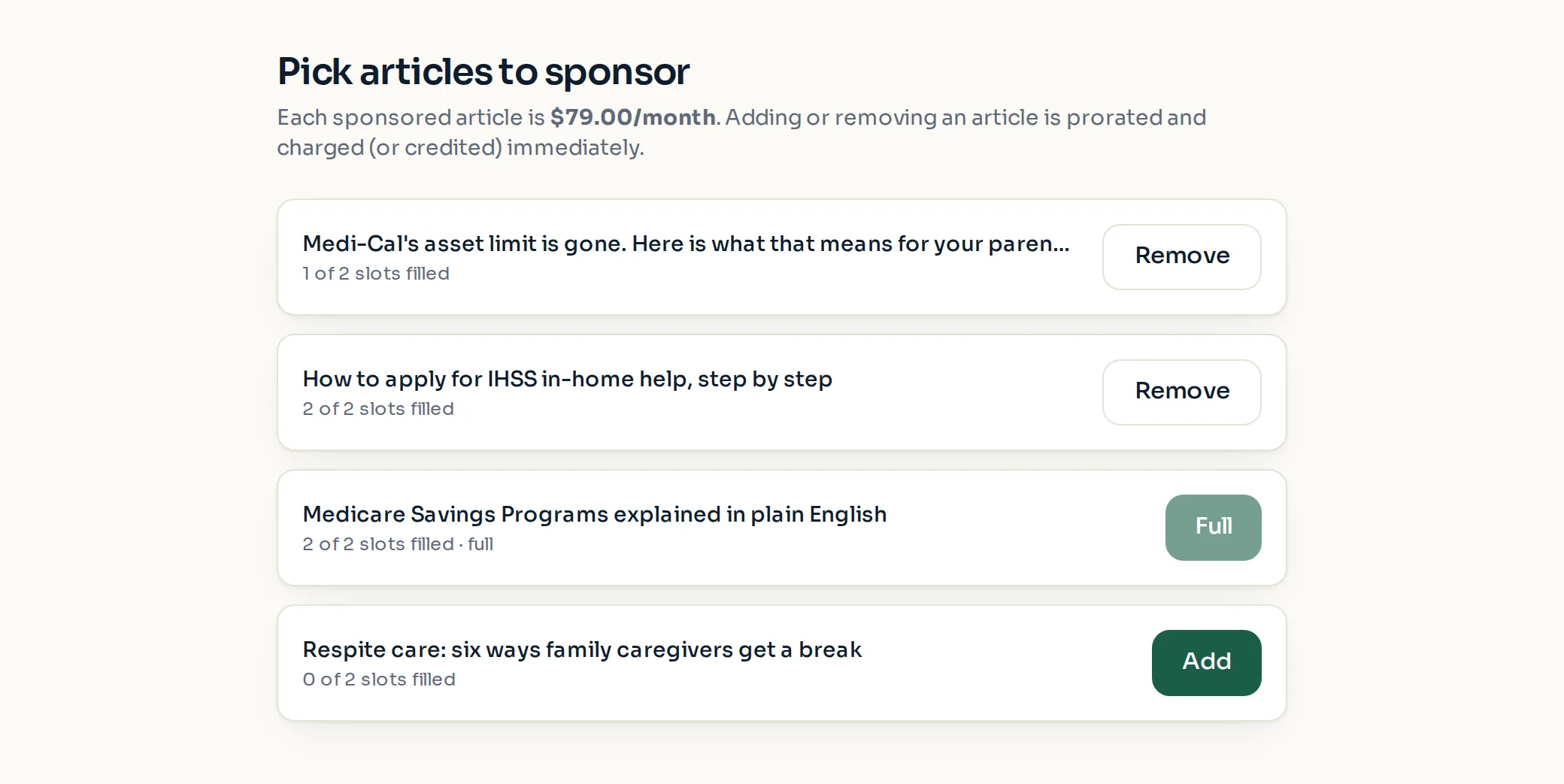 The "Pick articles to sponsor" page