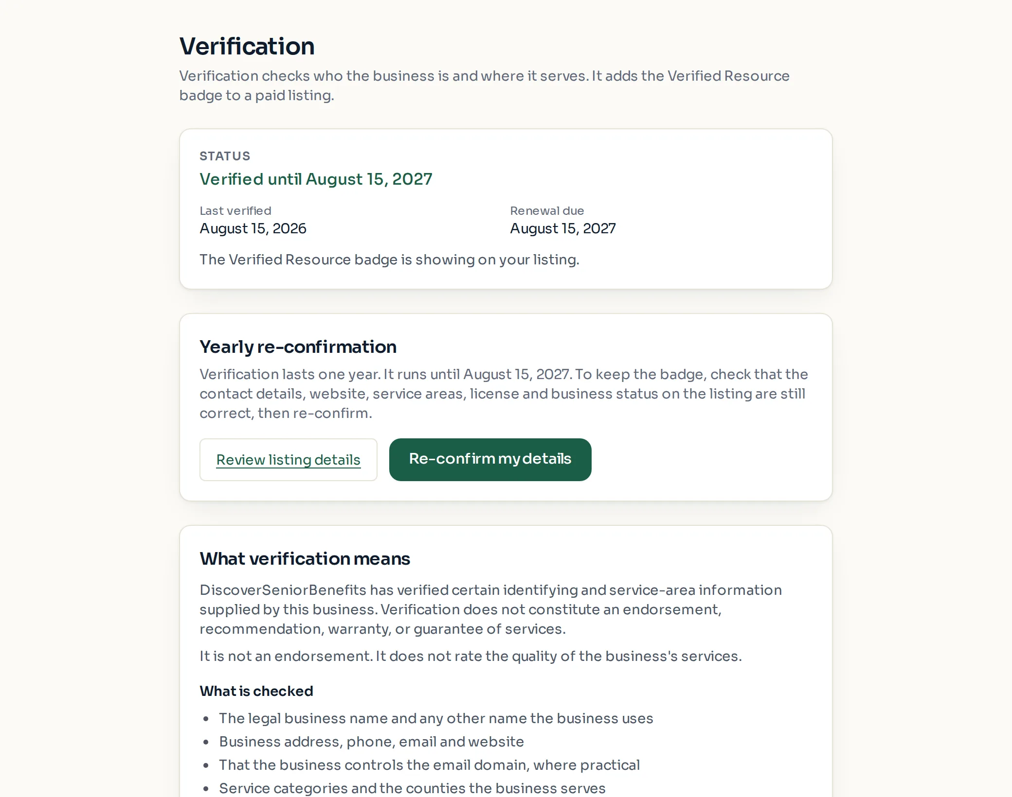 The verification status card with the yearly re-confirmation